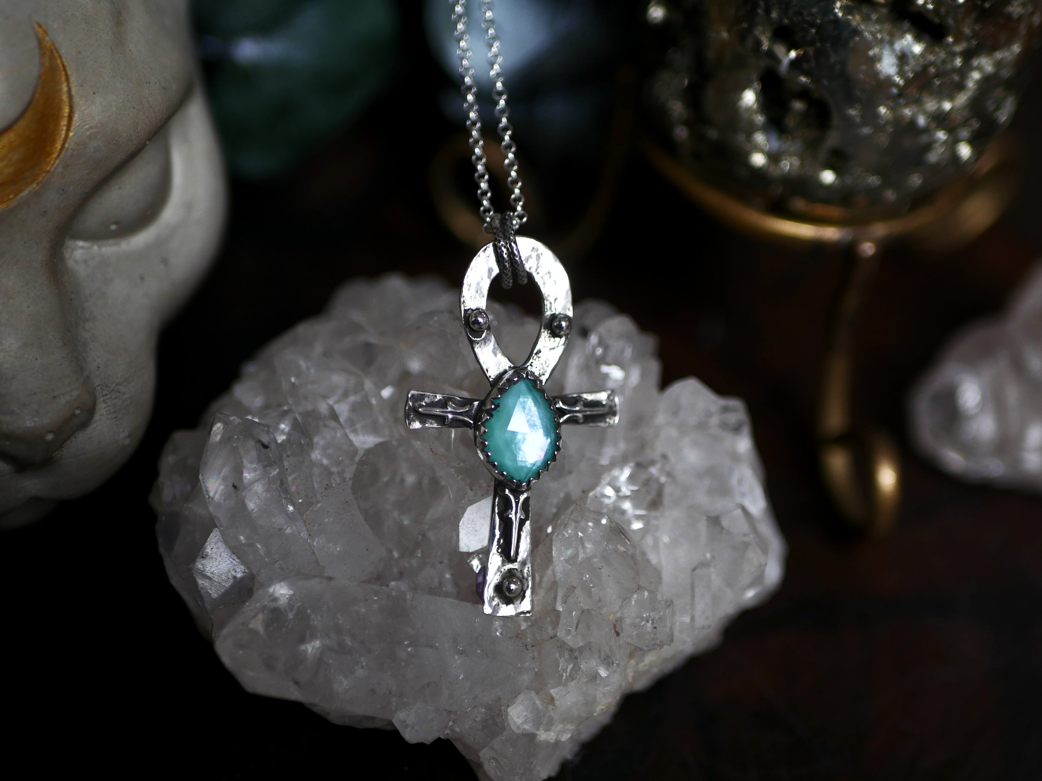 Réservé Valérie - Amulette Croix de Ankh - Amazonite & Cristal de roche - Argent 925