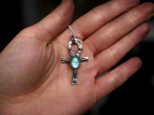 Réservé Valérie - Amulette Croix de Ankh - Amazonite & Cristal de roche - Argent 925