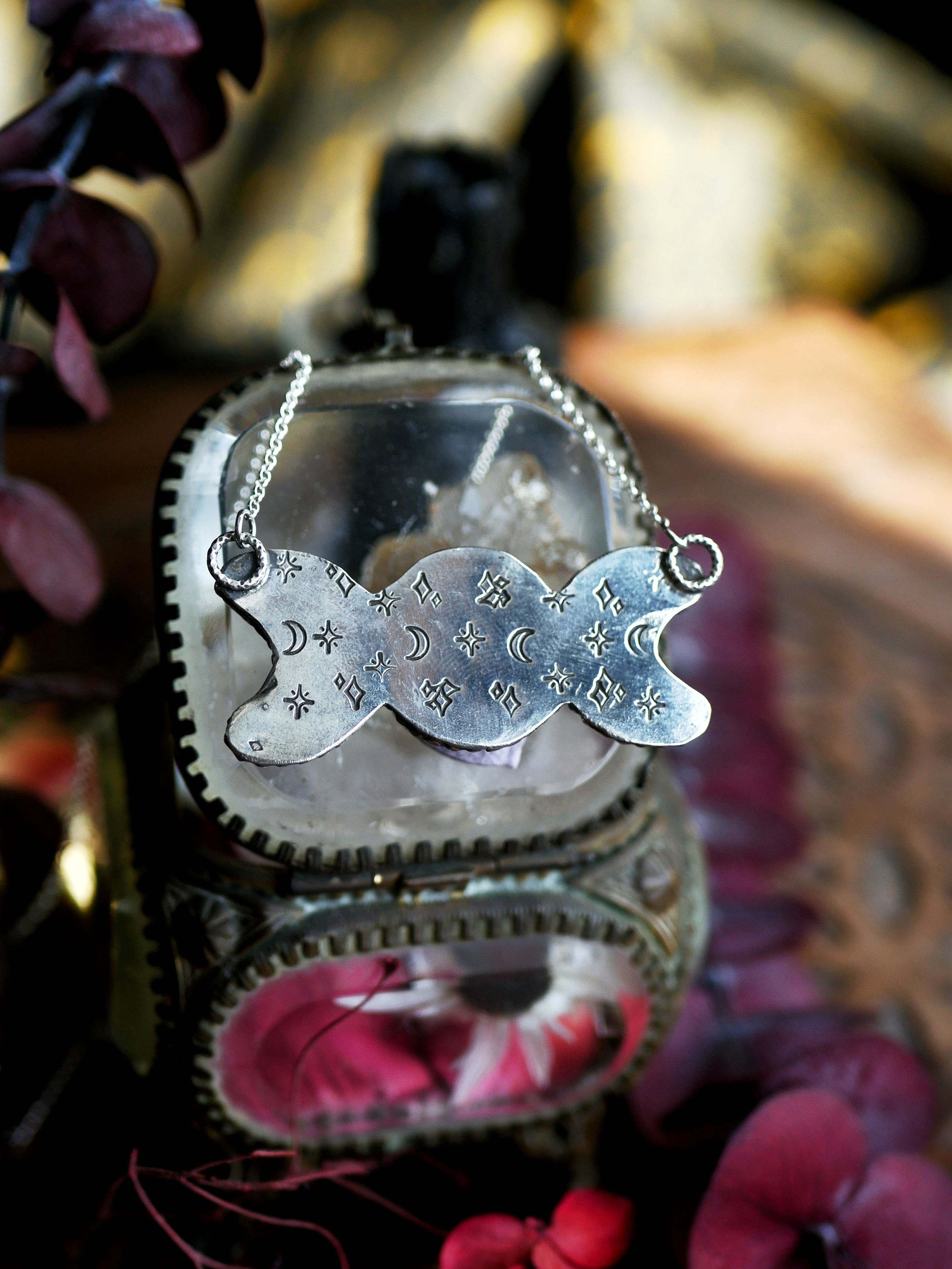 Réservé - Collier Triple Lune - Quartz, Verre, Argent 925