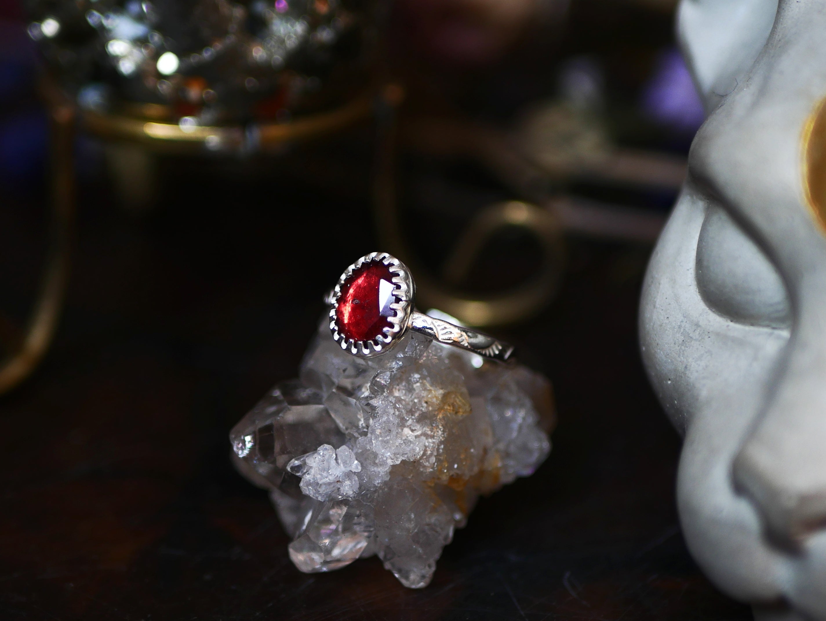 Bague fine réglable Grenat Rouge IX -  Argent 925