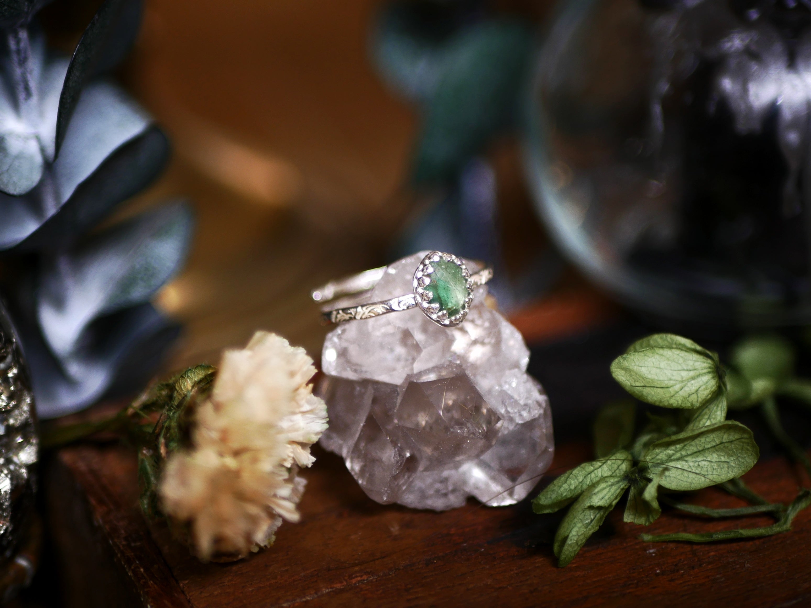 Bague fine réglable Emeraude - Argent 925
