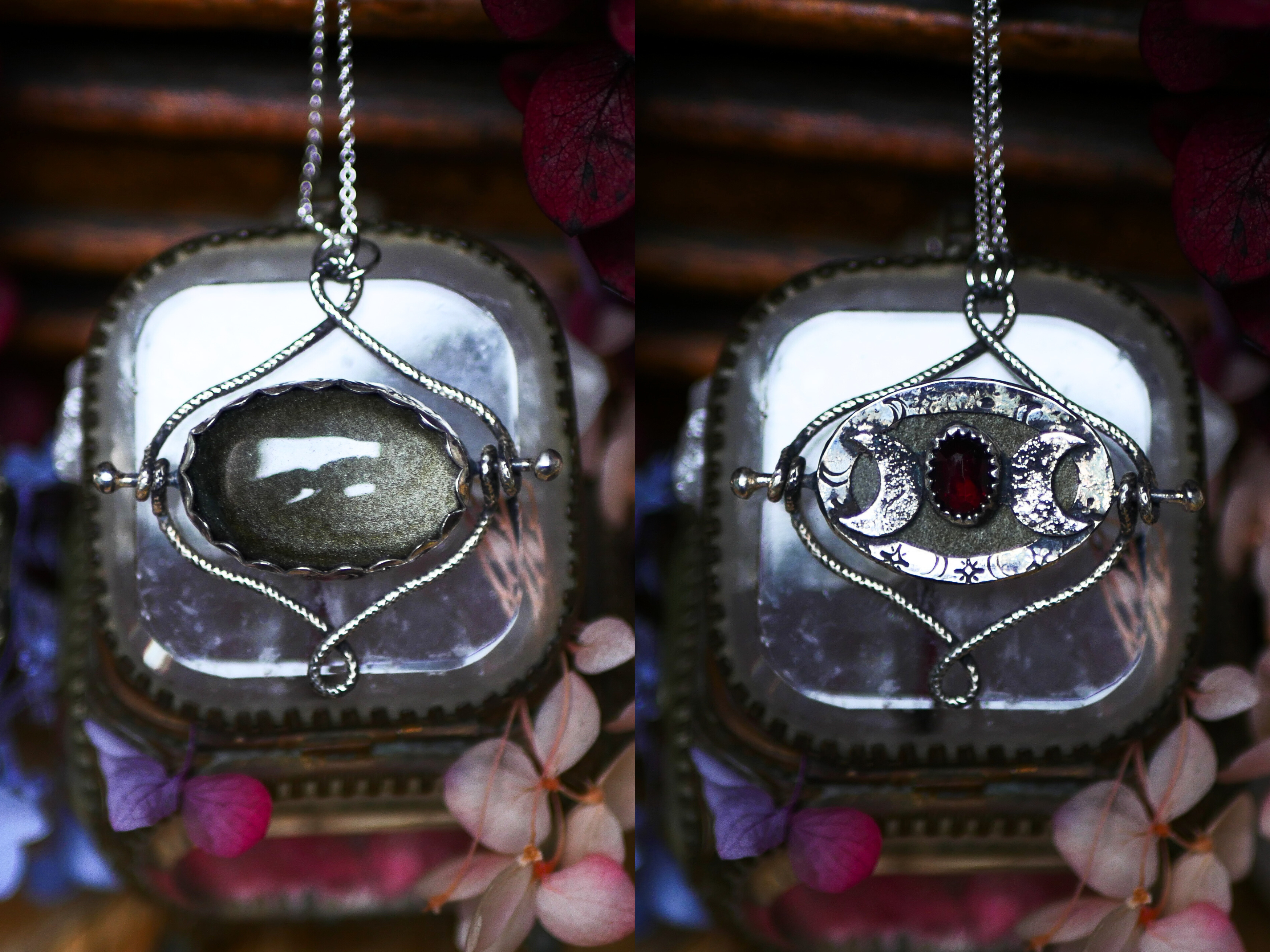 Talisman réversible - Obsidienne dorée & Grenat Rouge - Argent 925