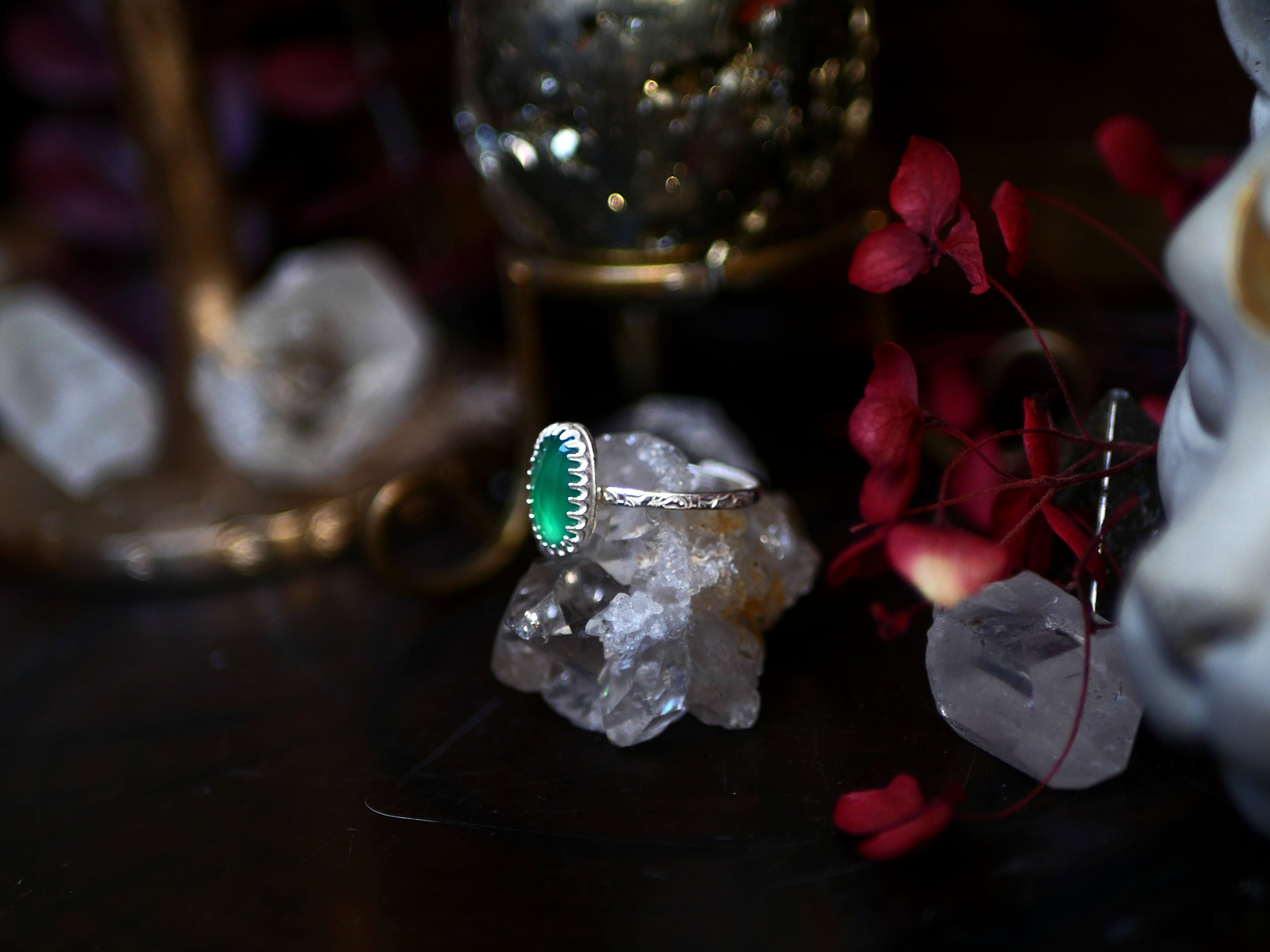 Bague fine réglable Onyx Vert - Argent 925