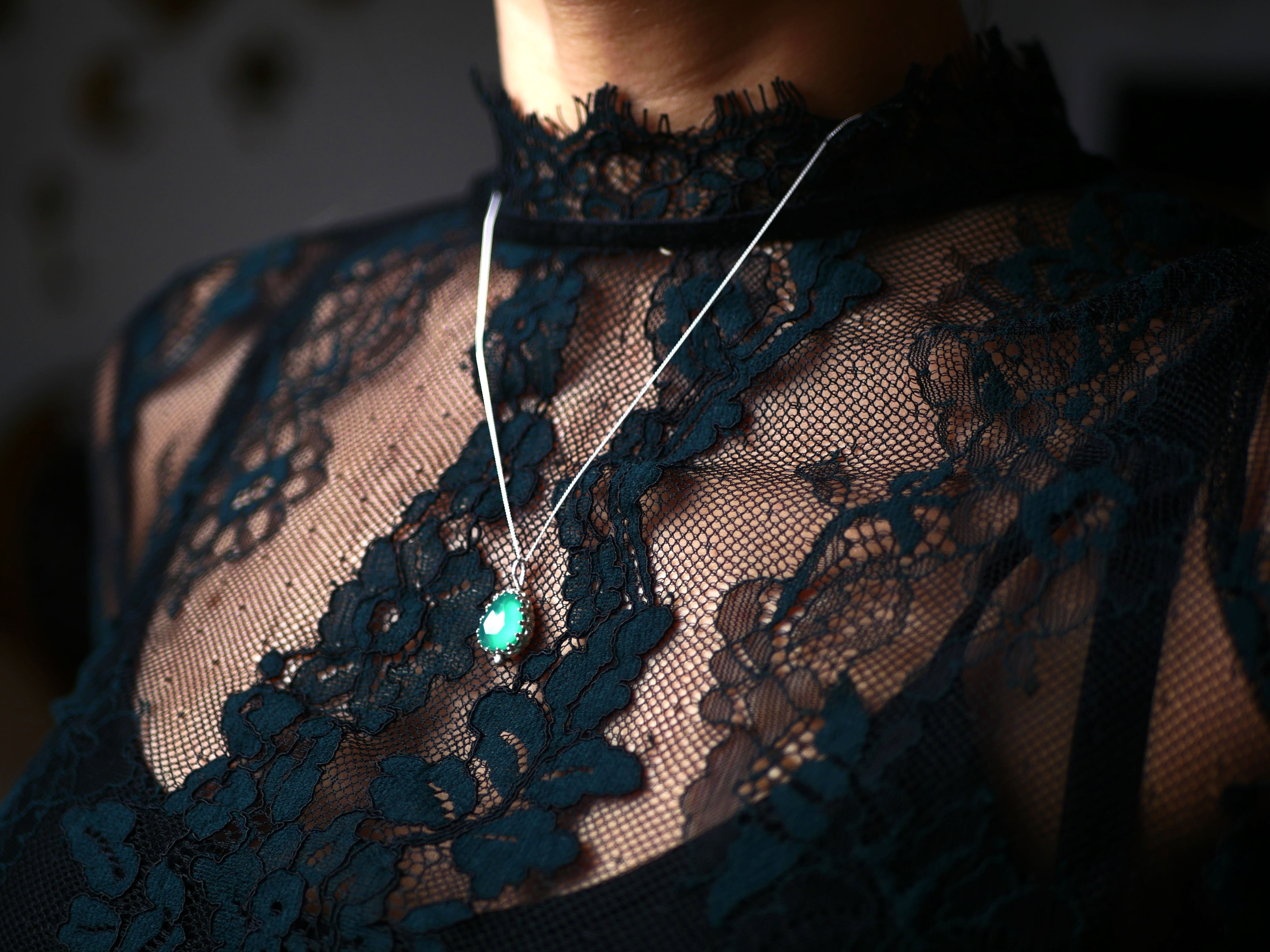 Collier "Simple" Onyx Vert - Argent 925