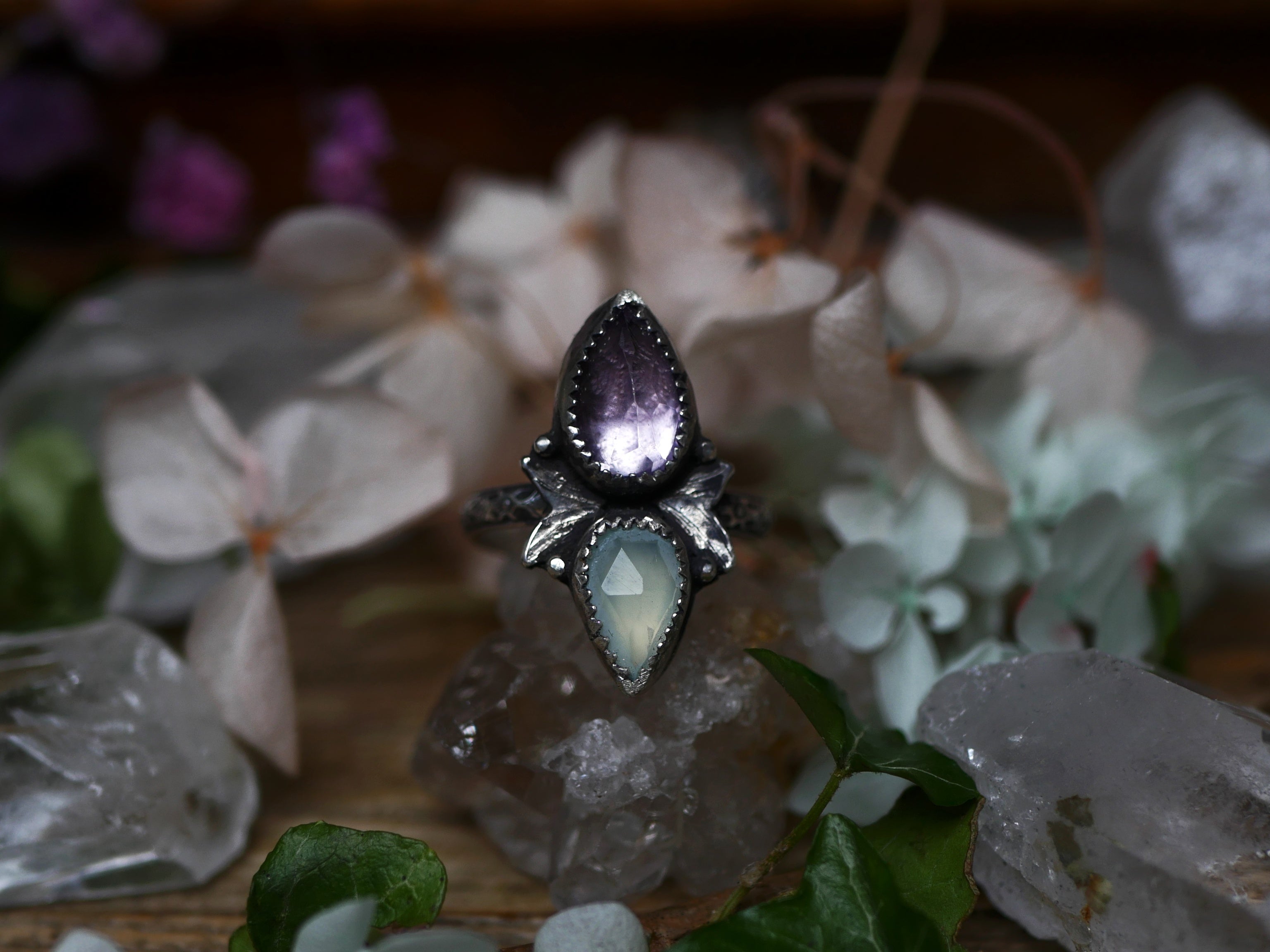 Bague réglable Métamorphoses - Calcédoine & Améthyste - Argent 925