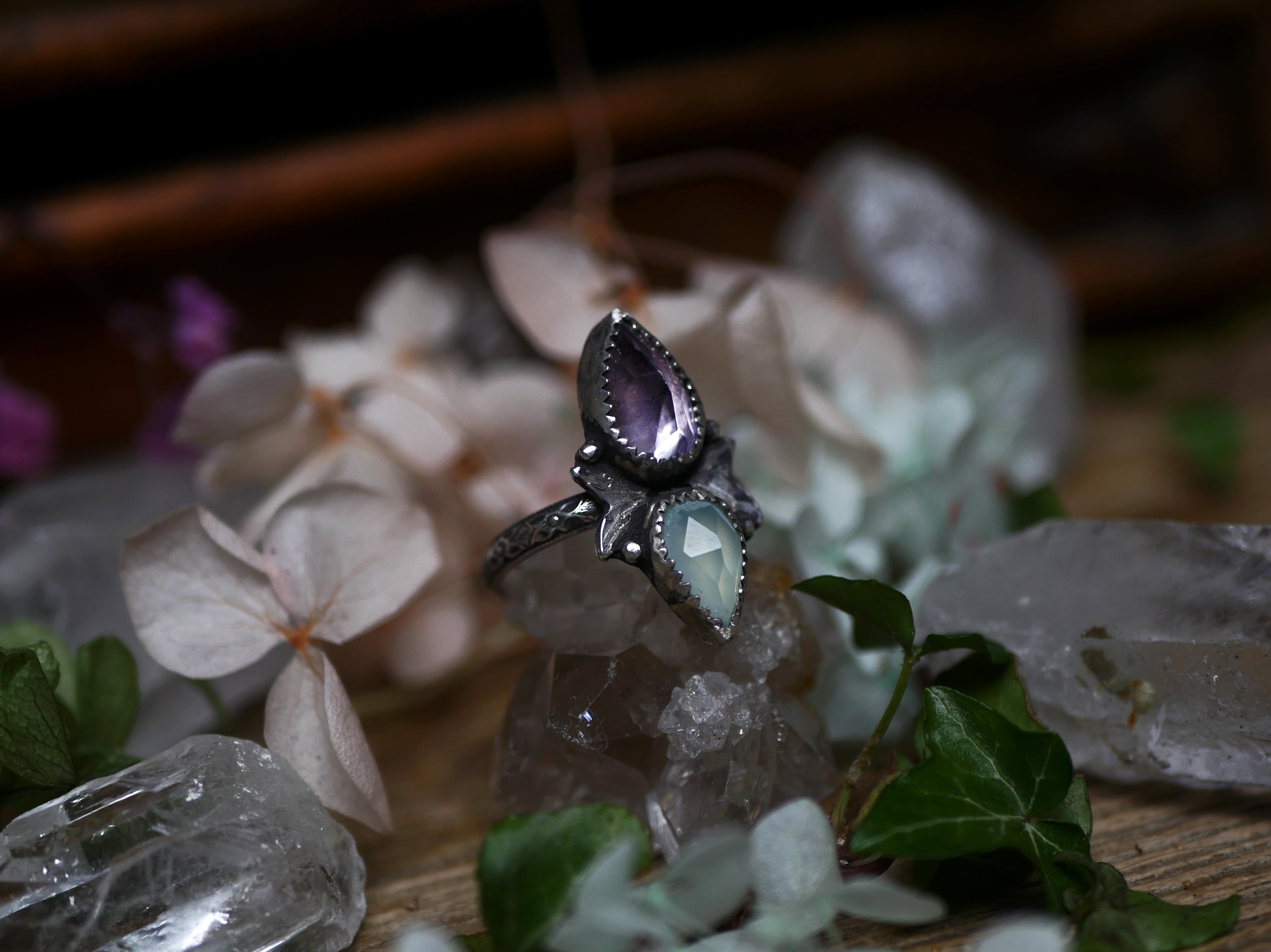 Bague réglable Métamorphoses - Calcédoine & Améthyste - Argent 925