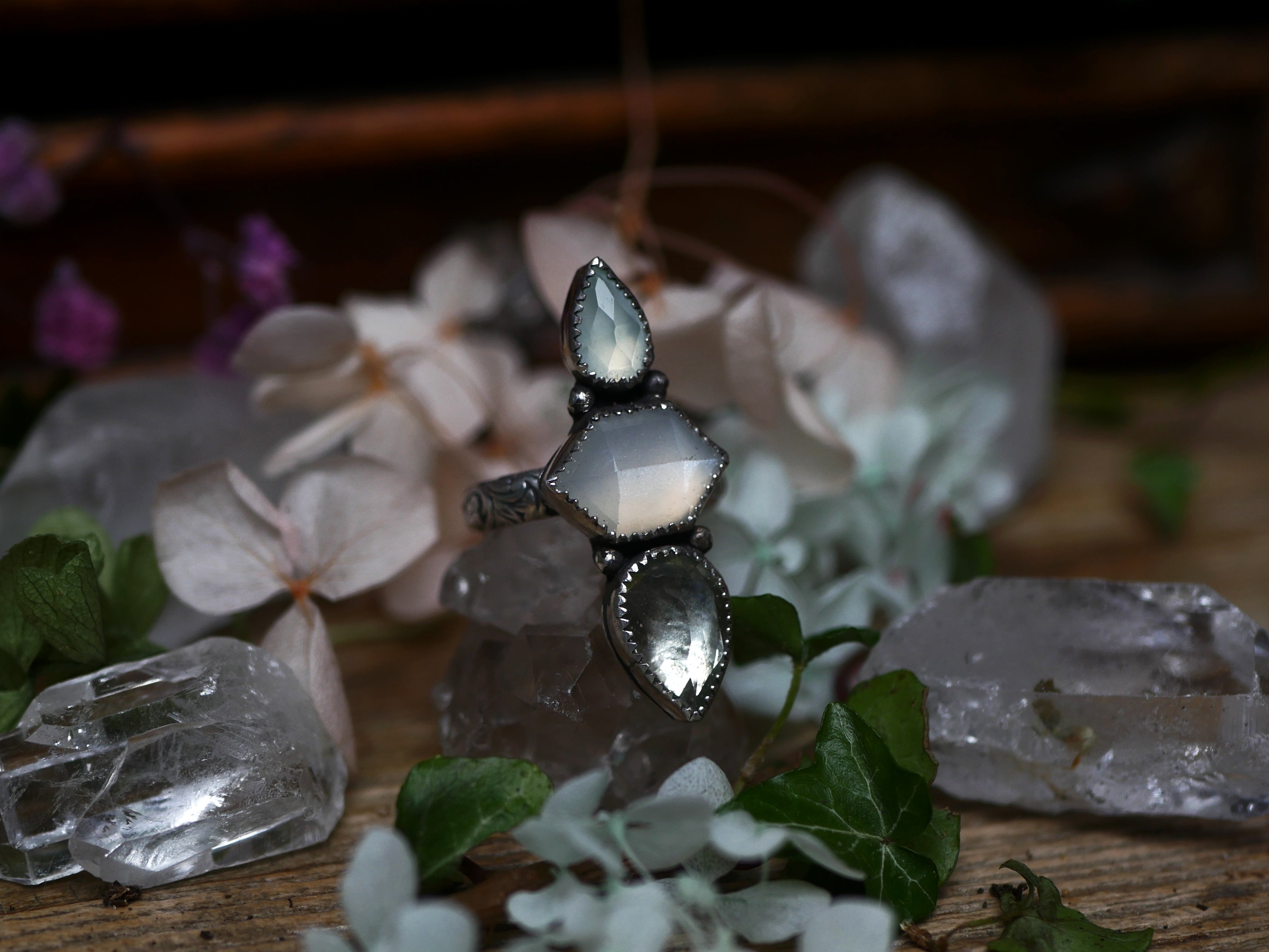 Bague réglable Métamorphoses - Prasiolite, Pierre de Lune & Calcédoine - Argent 925