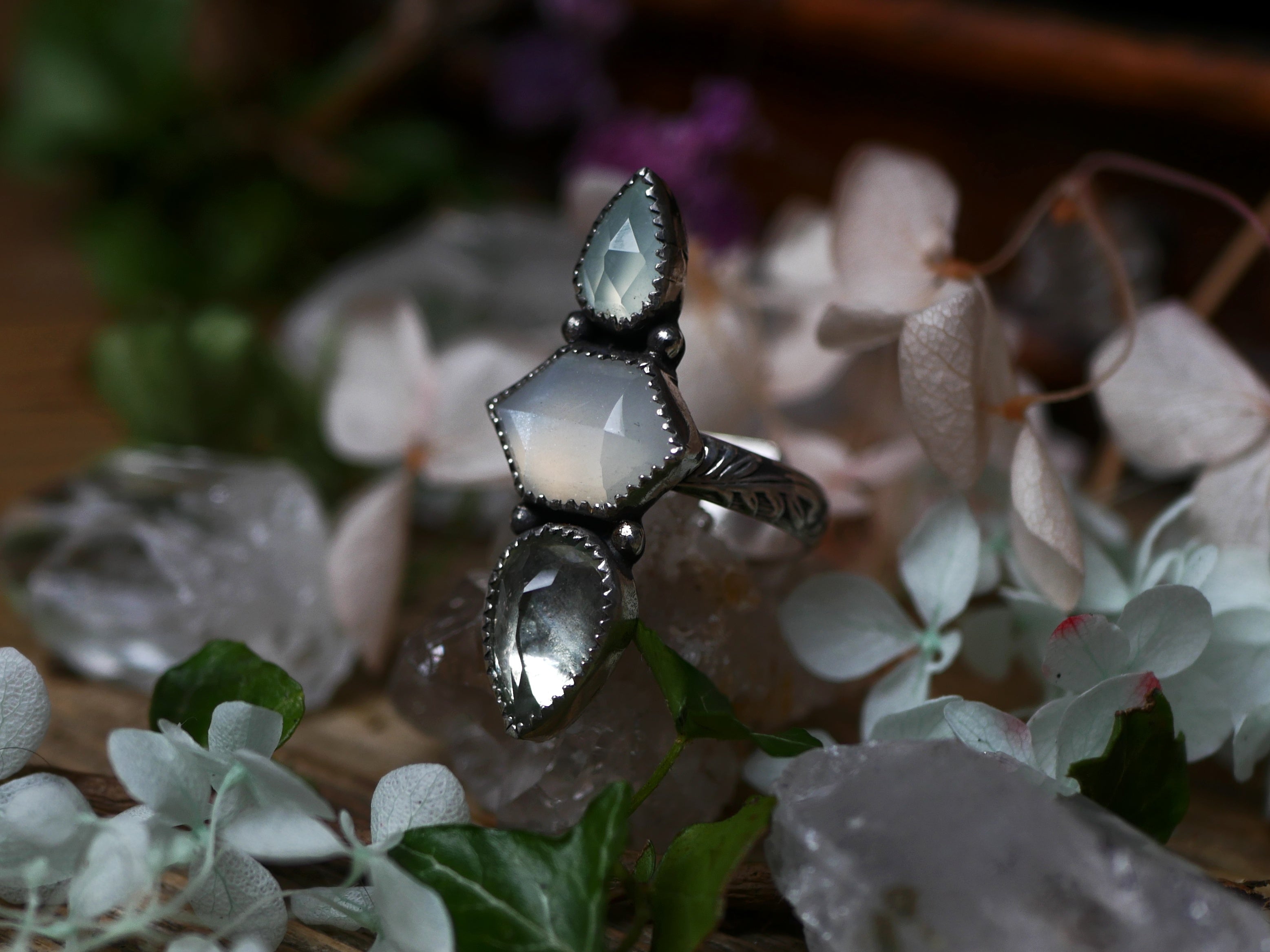 Bague réglable Métamorphoses - Prasiolite, Pierre de Lune & Calcédoine - Argent 925