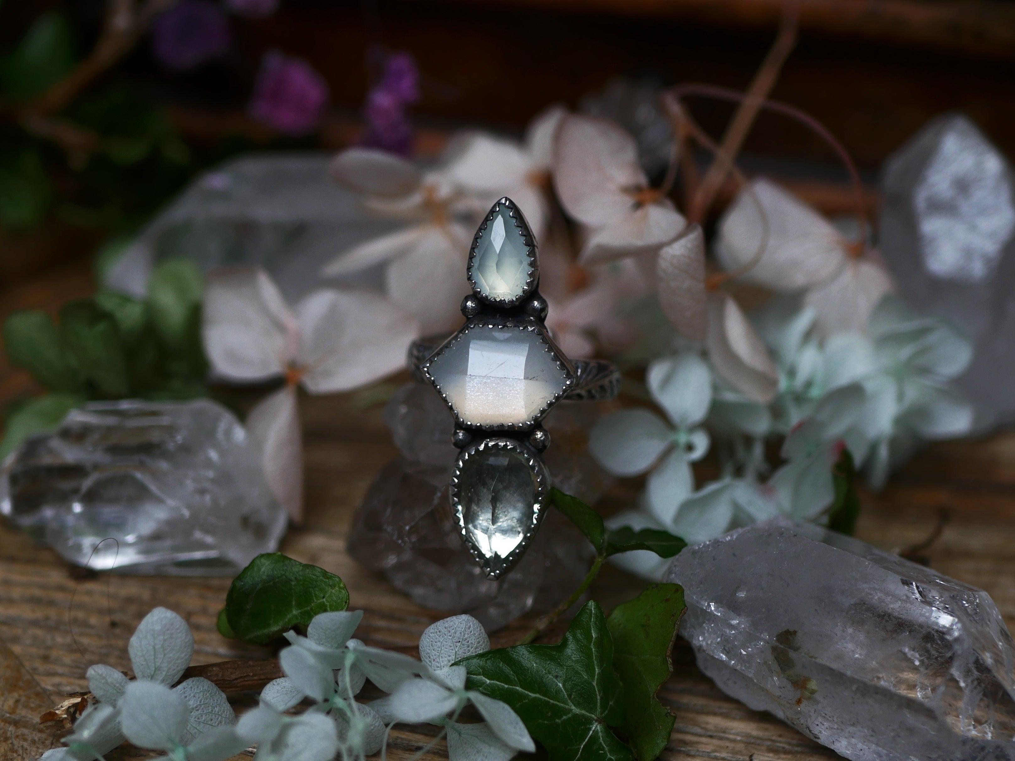 Bague réglable Métamorphoses - Prasiolite, Pierre de Lune & Calcédoine - Argent 925