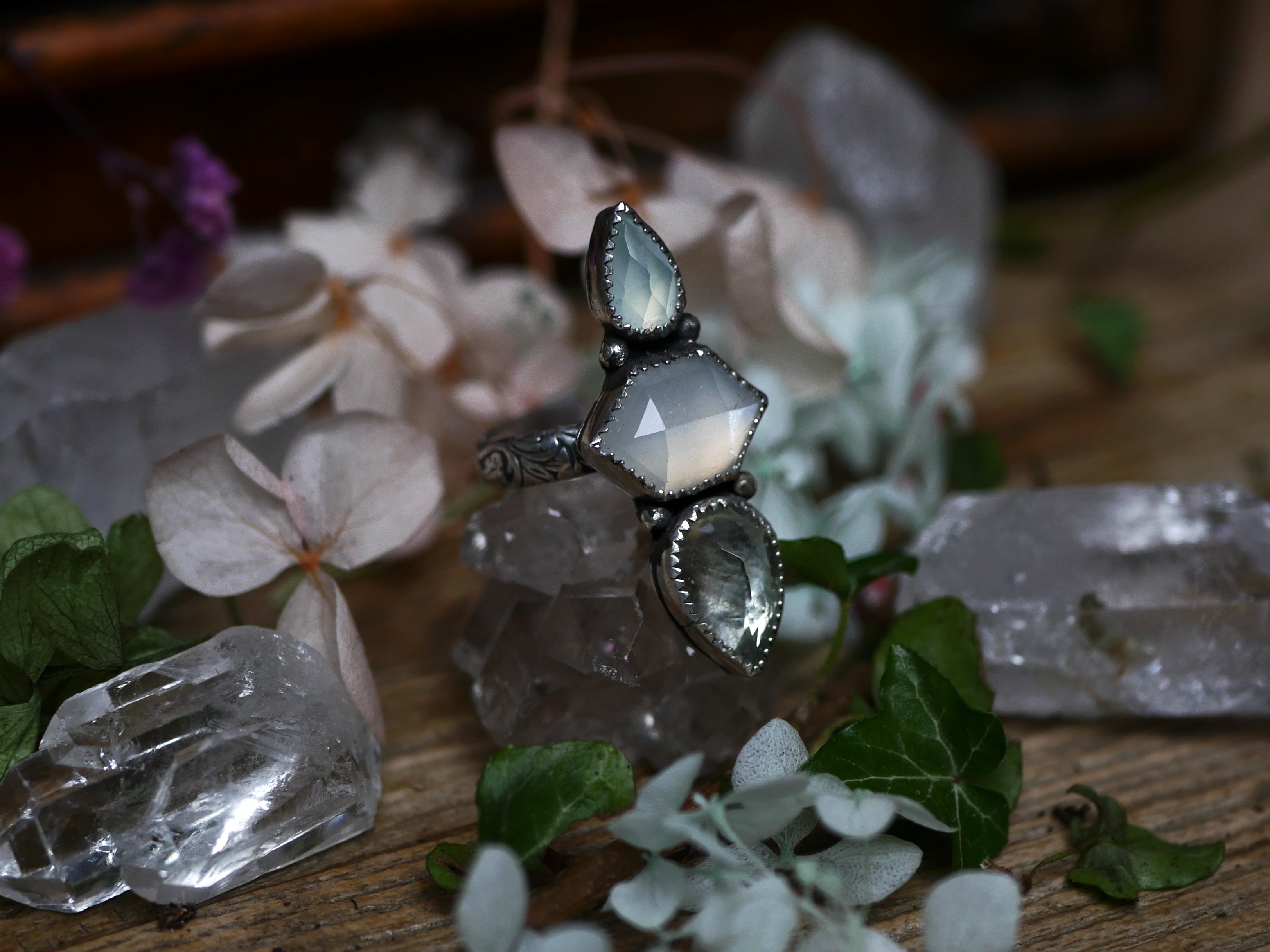 Bague réglable Métamorphoses - Prasiolite, Pierre de Lune & Calcédoine - Argent 925