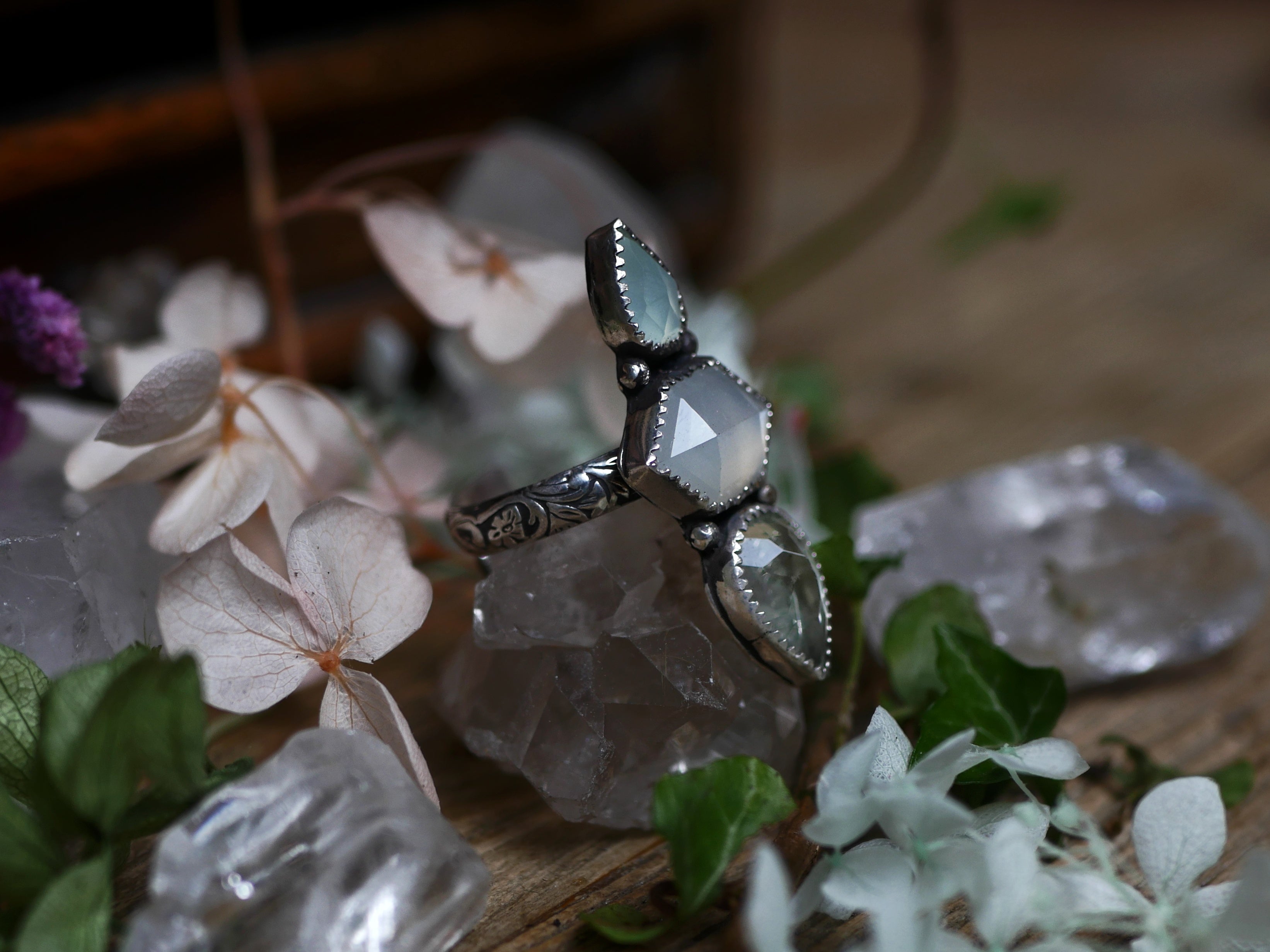 Bague réglable Métamorphoses - Prasiolite, Pierre de Lune & Calcédoine - Argent 925