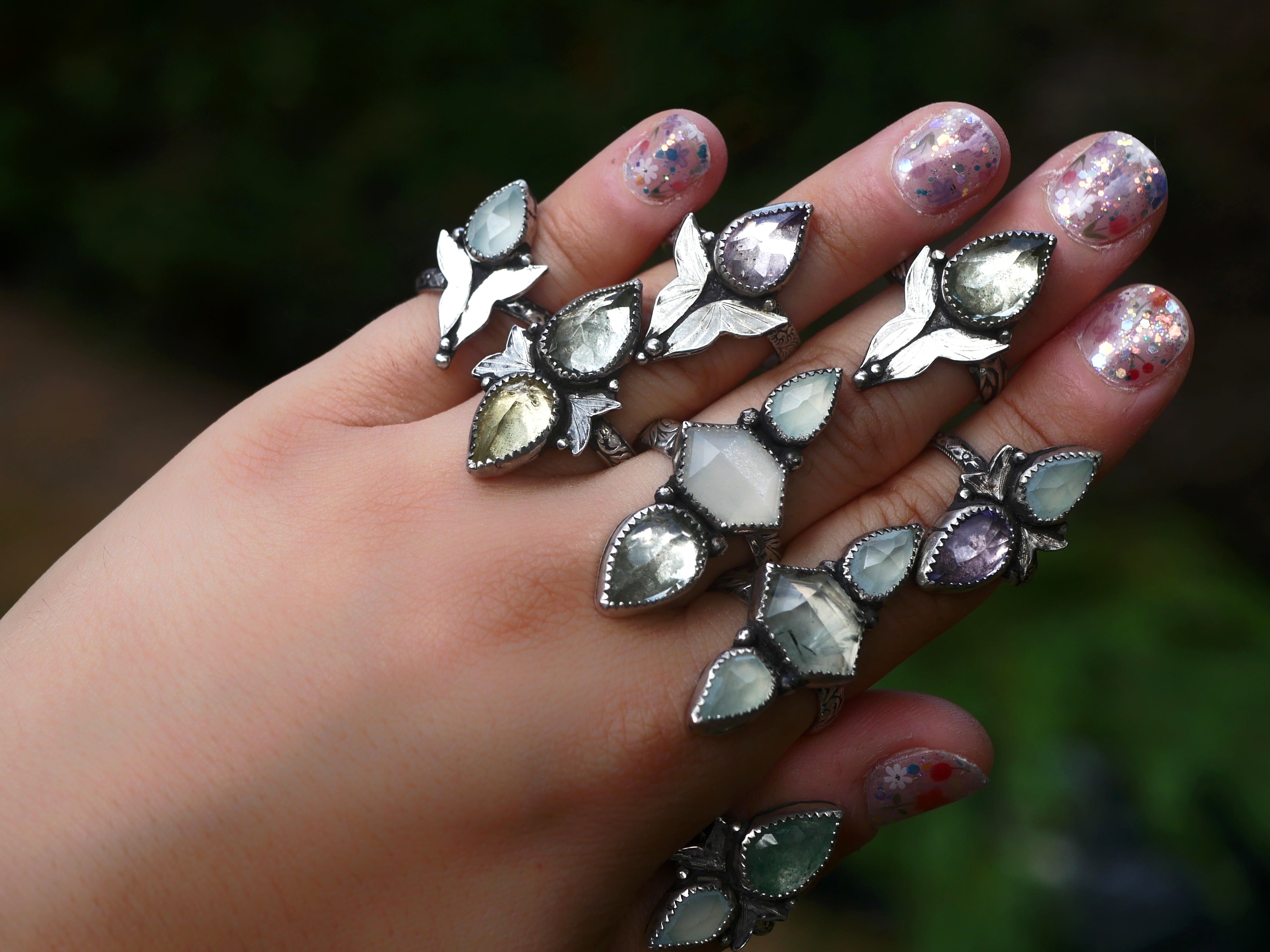 Bague réglable Métamorphoses - Prasiolite, Pierre de Lune & Calcédoine - Argent 925