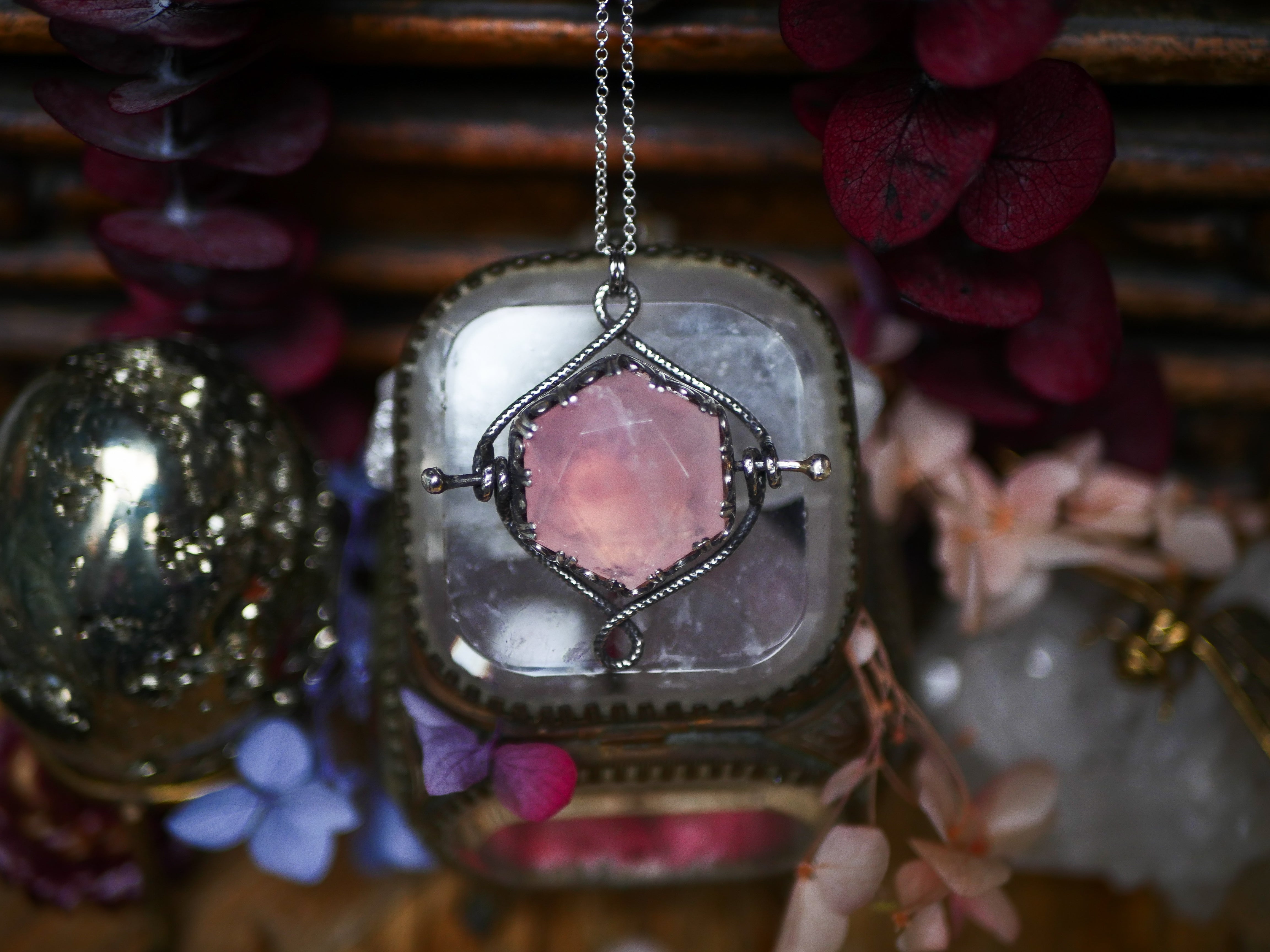 Talisman réversible - Quartz Rose & Diamant d'Herkimer- Argent 925