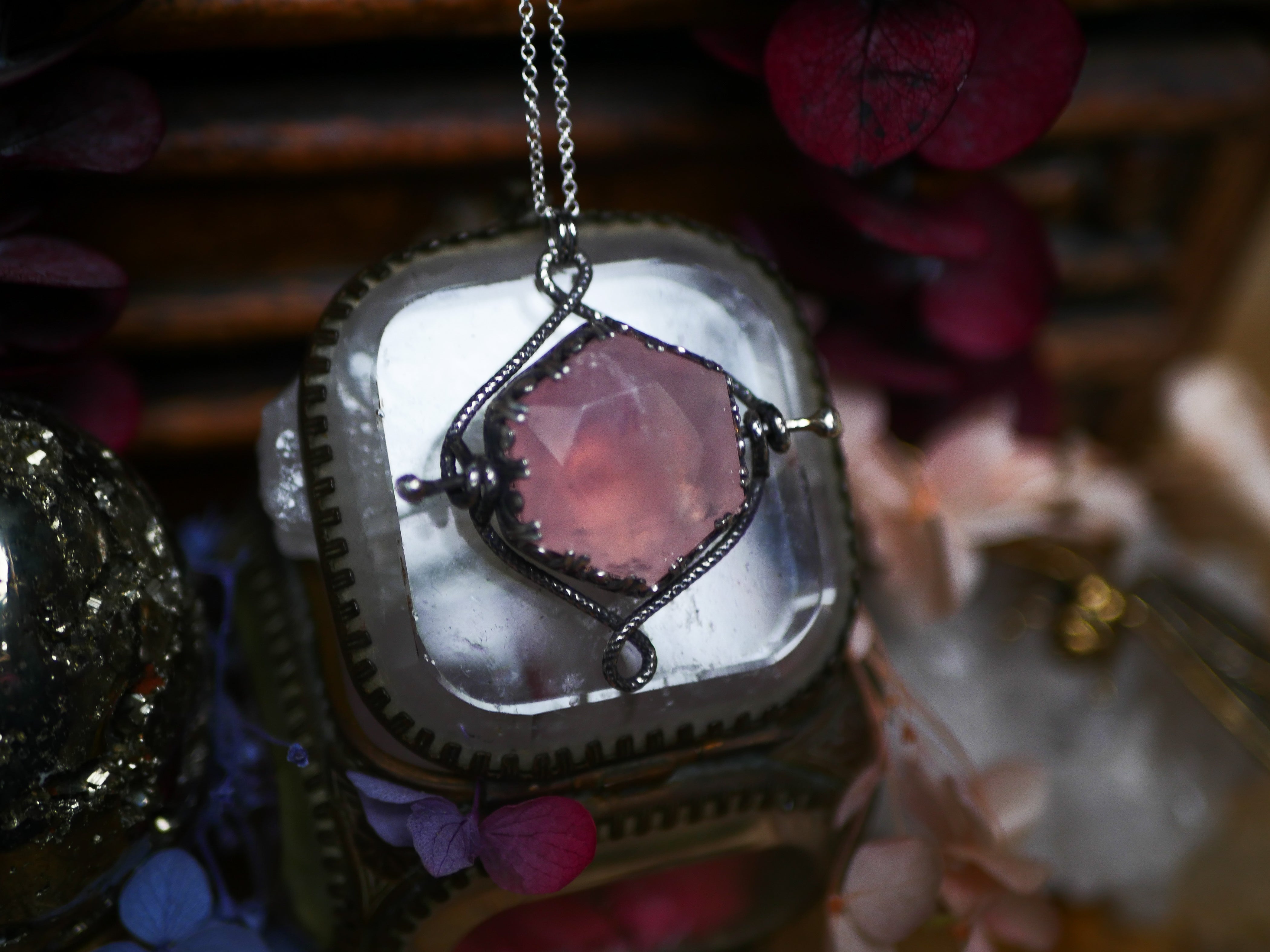 Talisman réversible - Quartz Rose & Diamant d'Herkimer- Argent 925