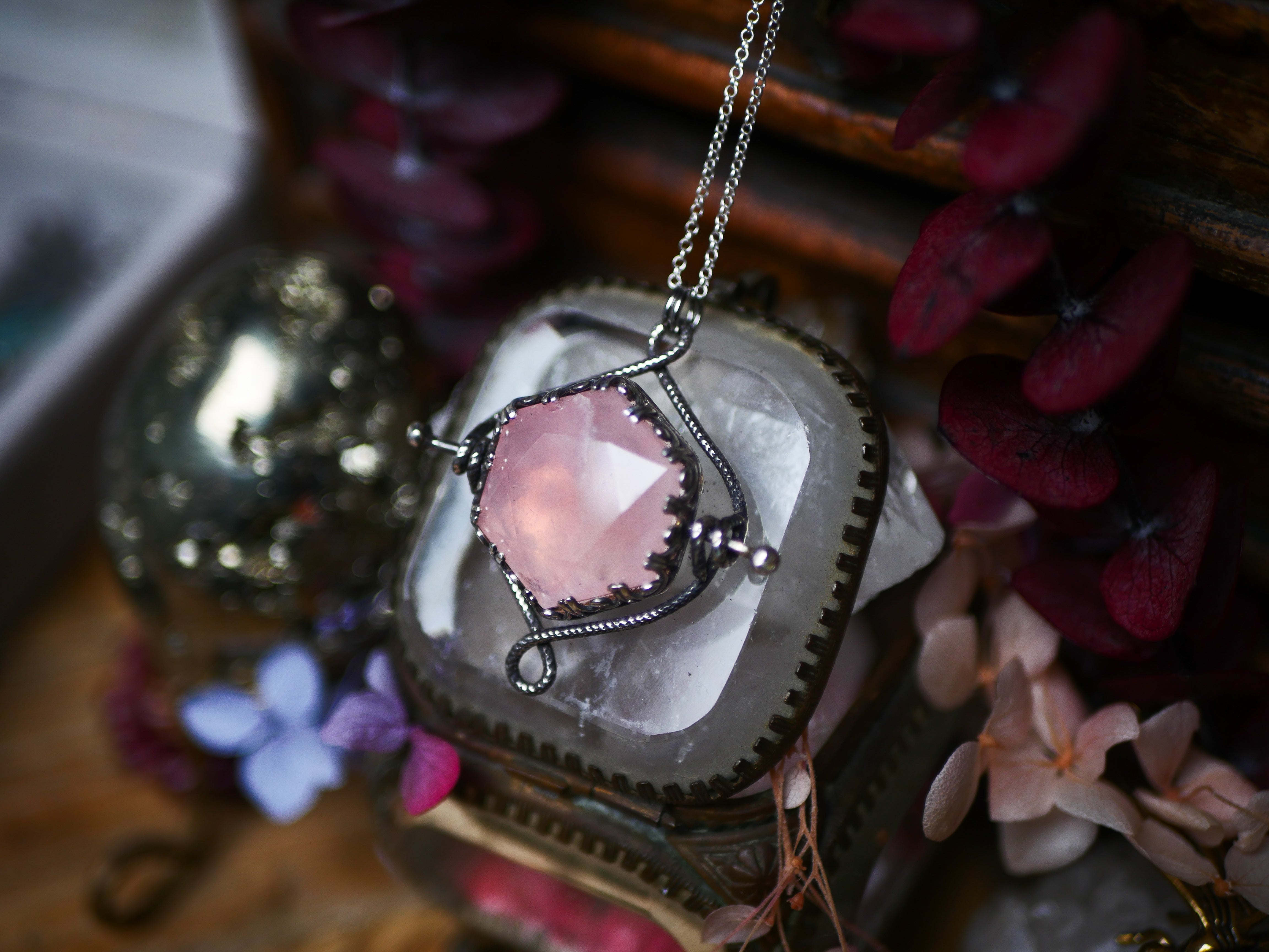 Talisman réversible - Quartz Rose & Diamant d'Herkimer- Argent 925