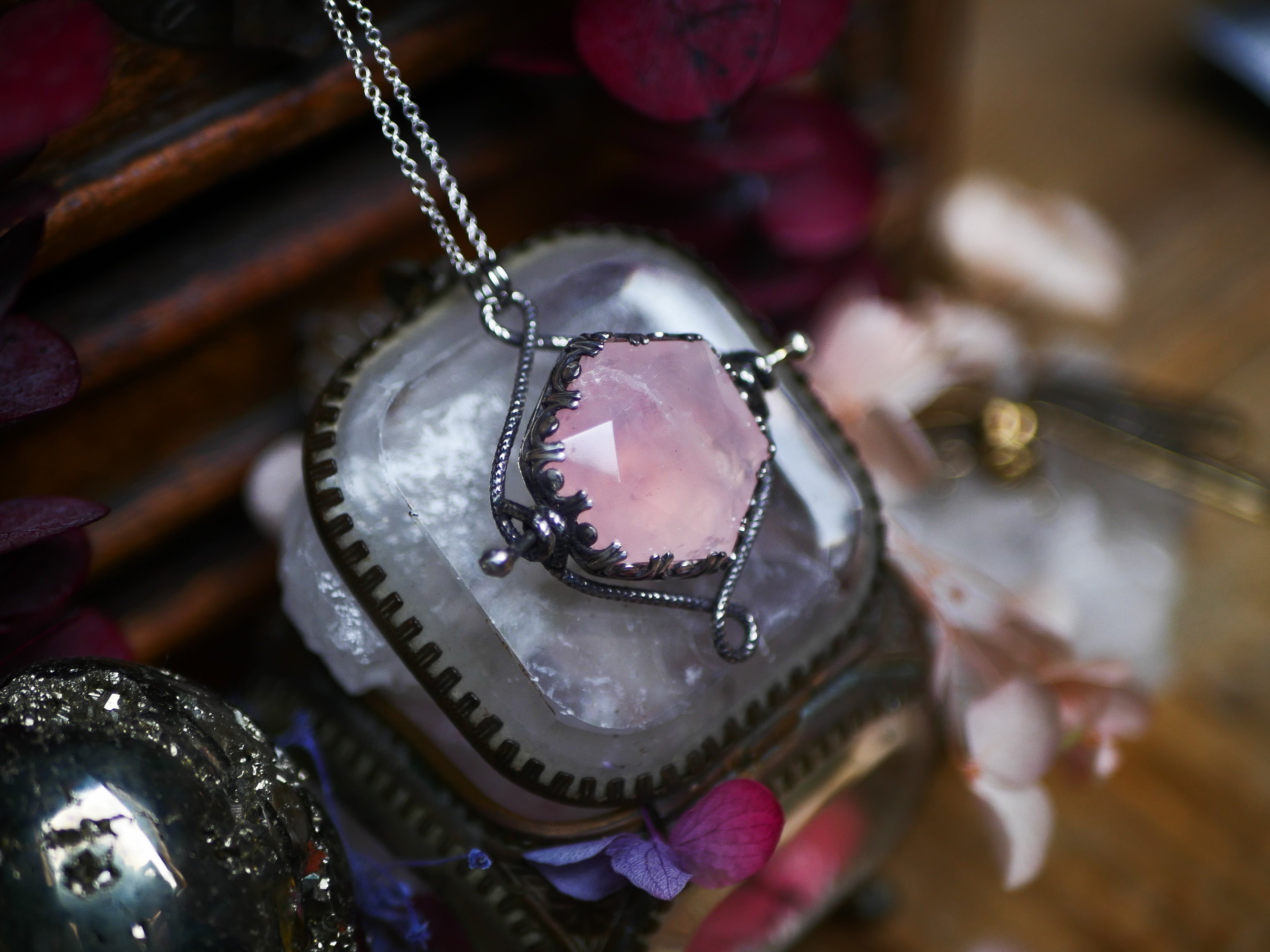 Talisman réversible - Quartz Rose & Diamant d'Herkimer- Argent 925