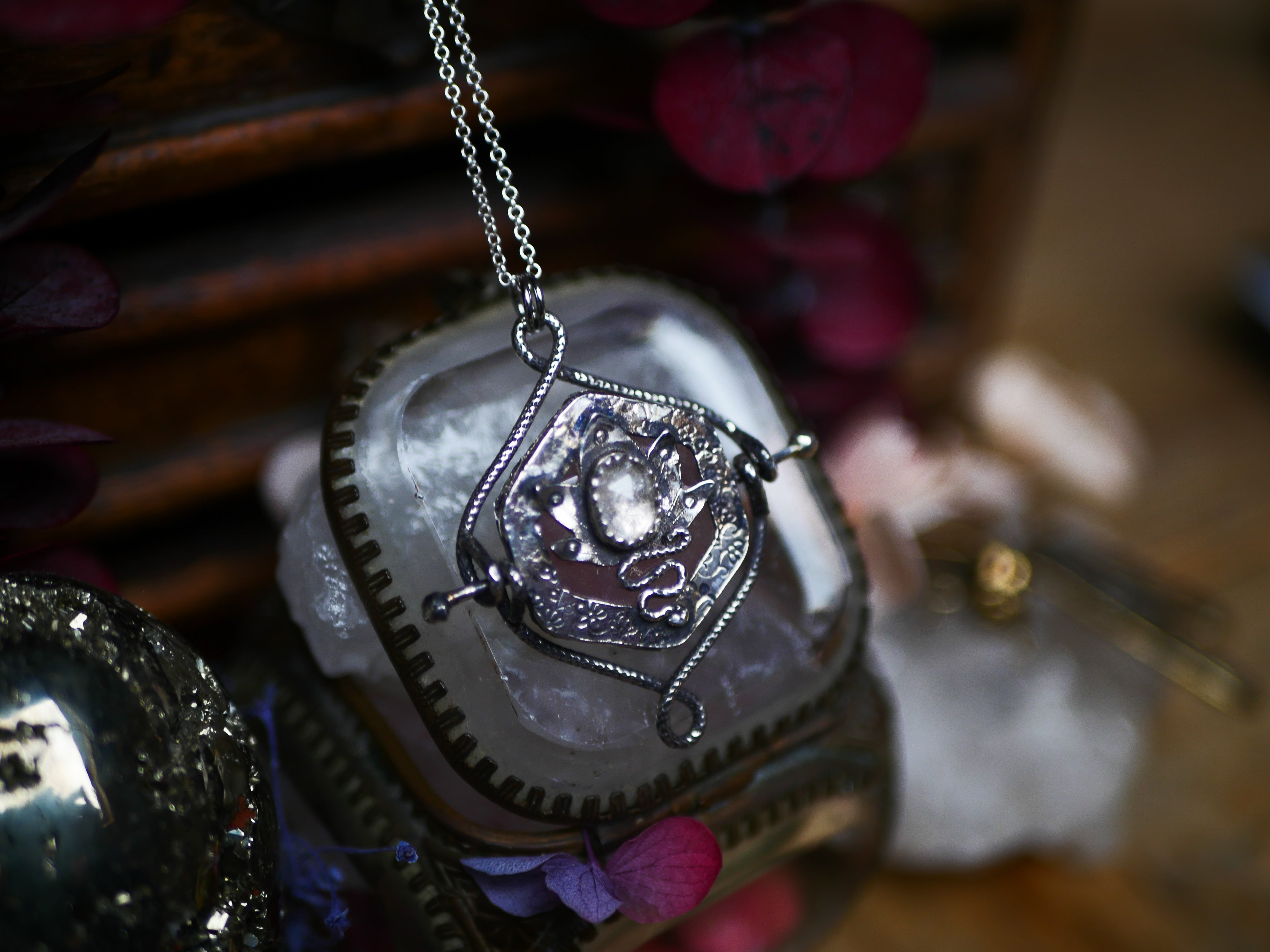 Talisman réversible - Quartz Rose & Diamant d'Herkimer- Argent 925