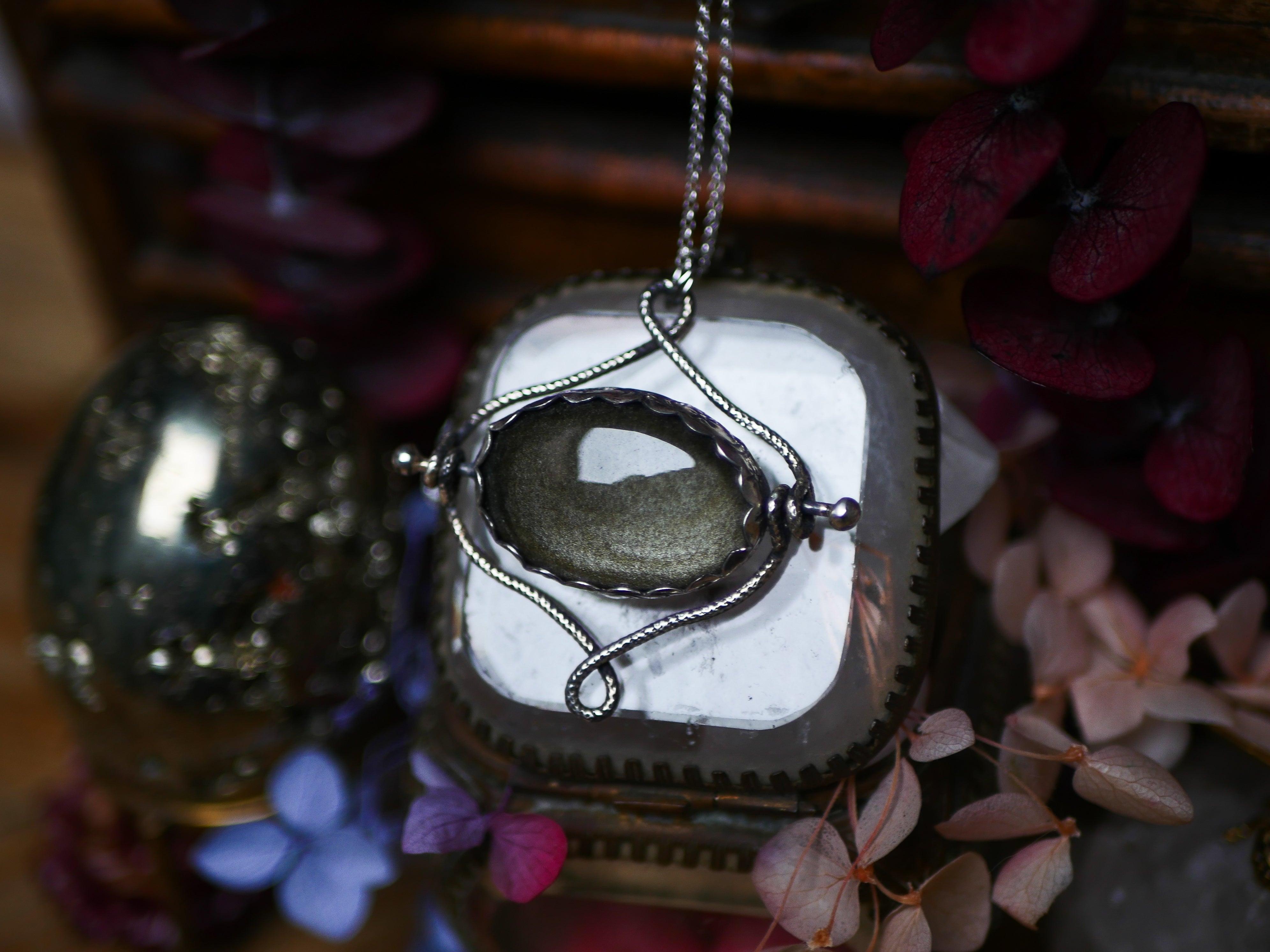 Talisman réversible - Obsidienne dorée & Grenat Rouge - Argent 925