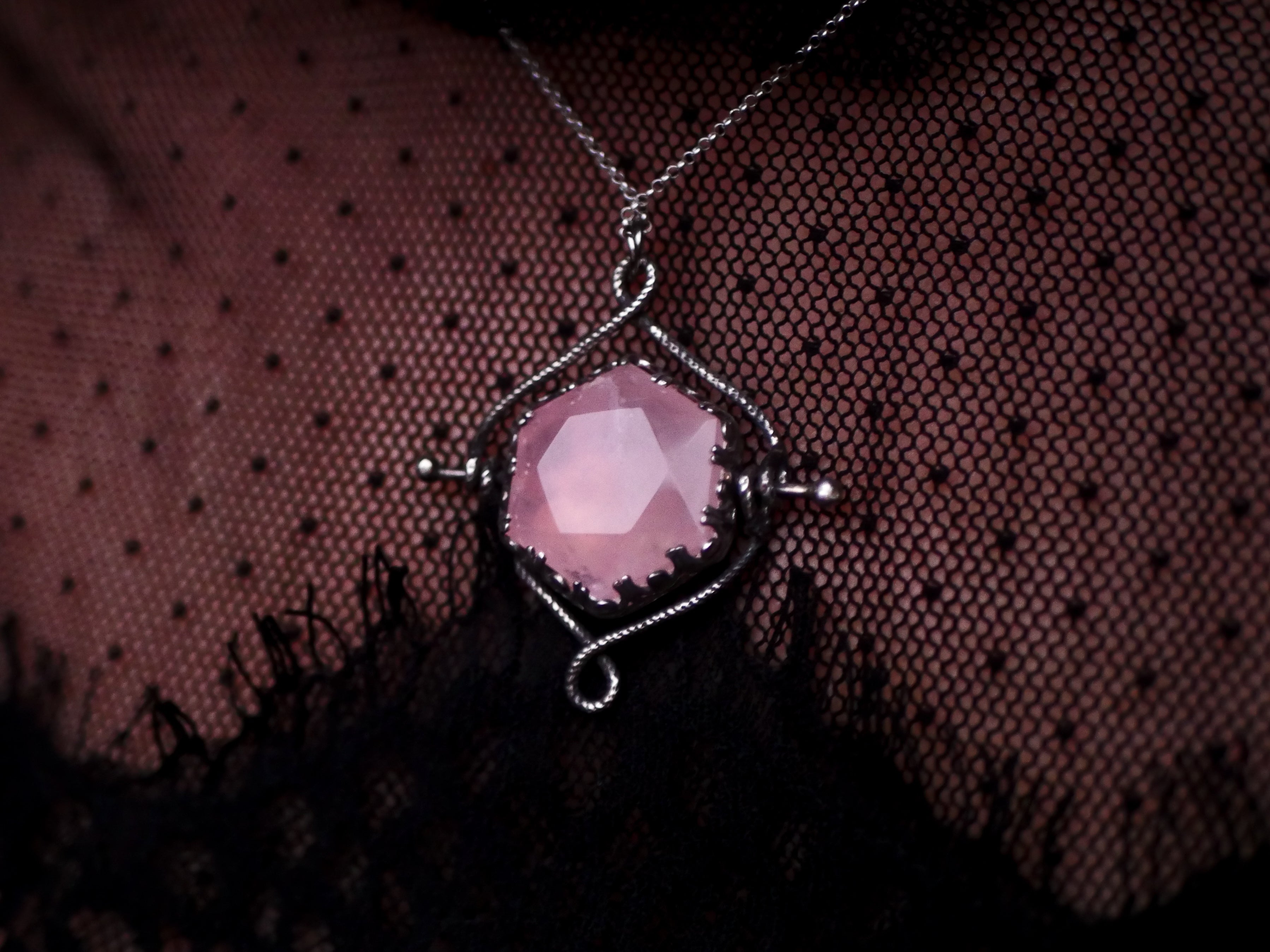 Talisman réversible - Quartz Rose & Diamant d'Herkimer- Argent 925