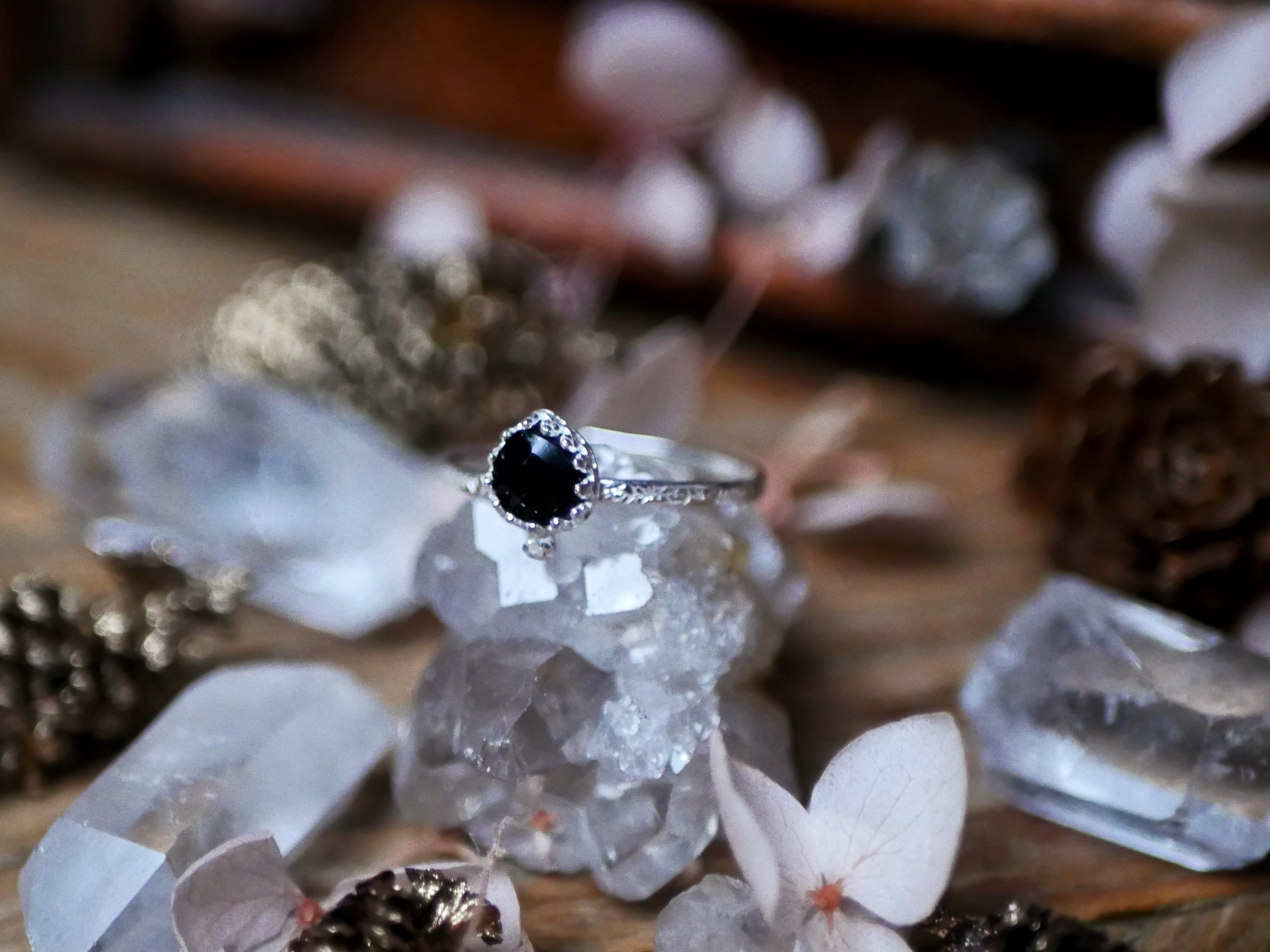 Bague fine réglable Onyx Noir - Argent 925