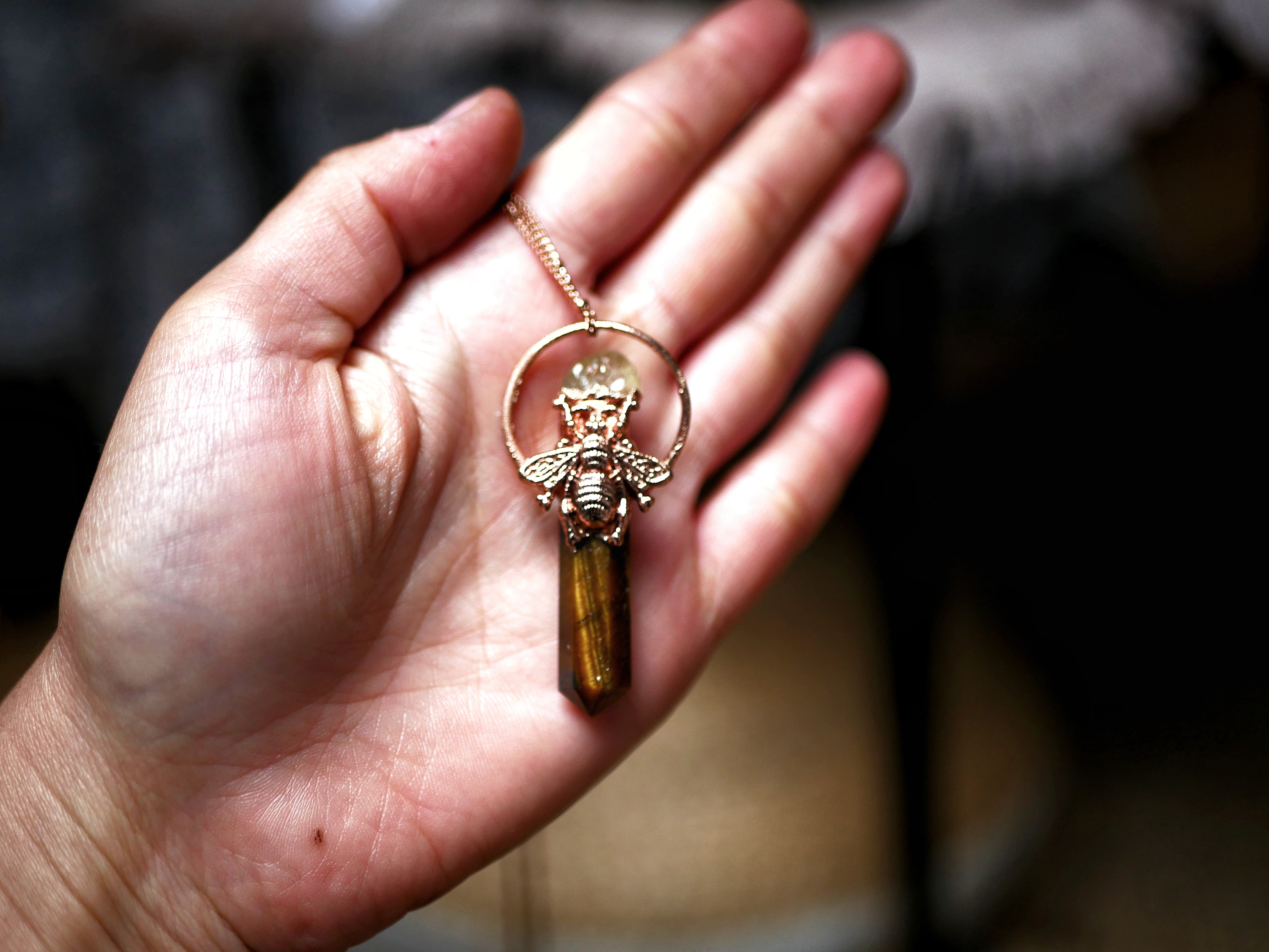 Collier Pendule - Oeil du Tigre & Citrine - Cuivre